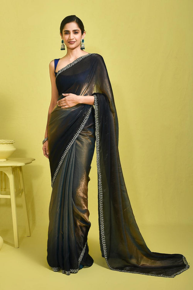 Blue Beads & Stone Embossed Satin Saree (RDTBBW6B3752)