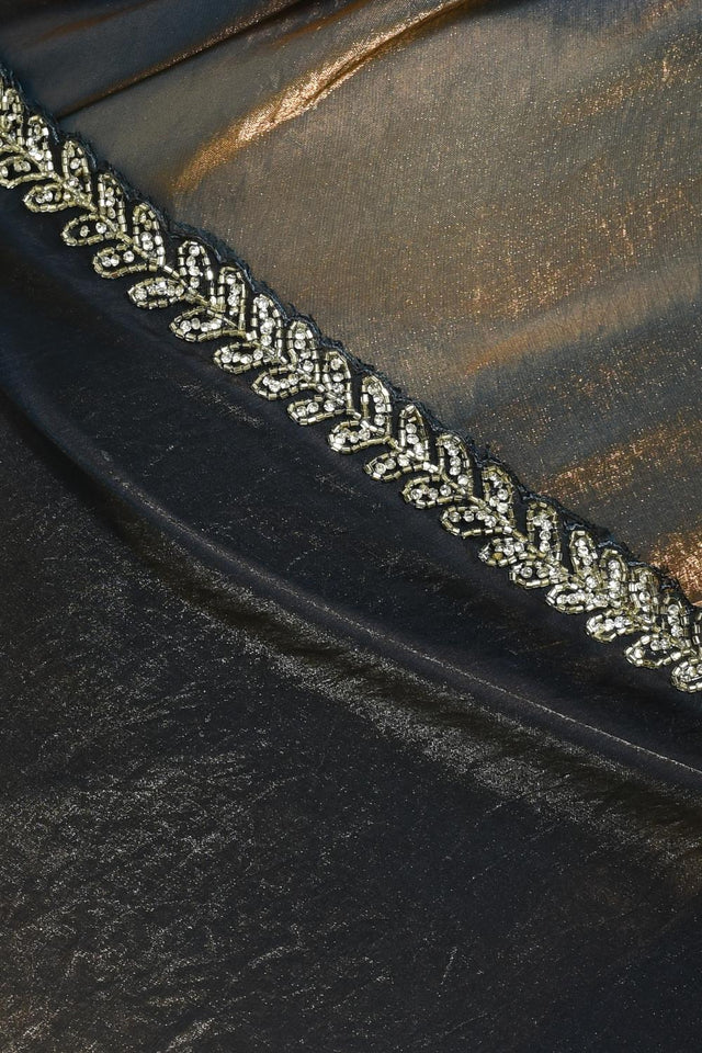 Blue Beads & Stone Embossed Satin Saree (RDTBBW6B3752)