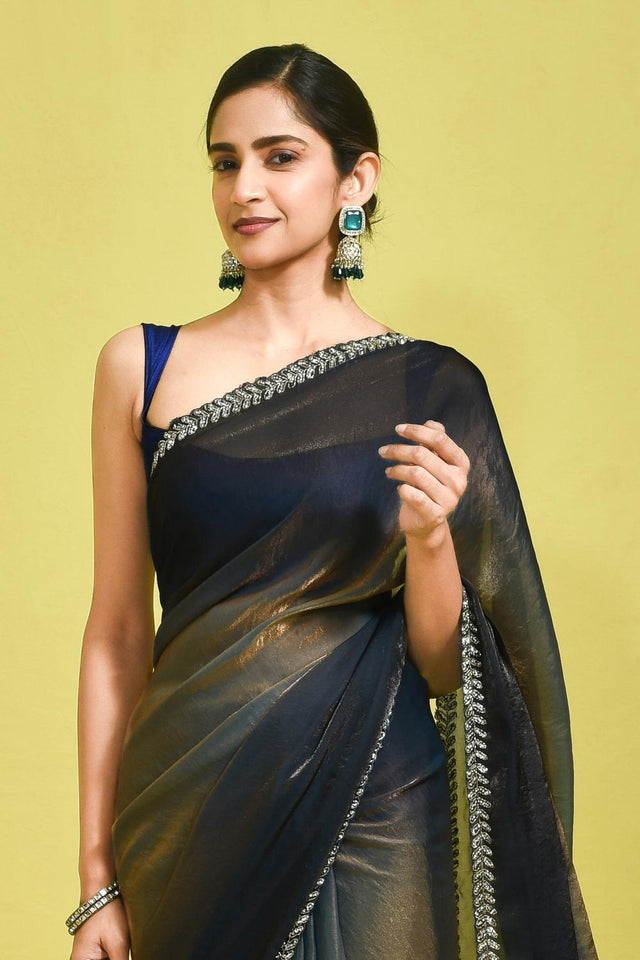 Blue Beads & Stone Embossed Satin Saree (RDTBBW6B3752)