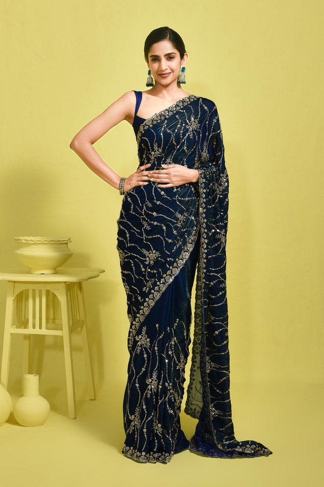 Blue Sequin with Embroidered Satin Saree (RDTBBZ6B3721)