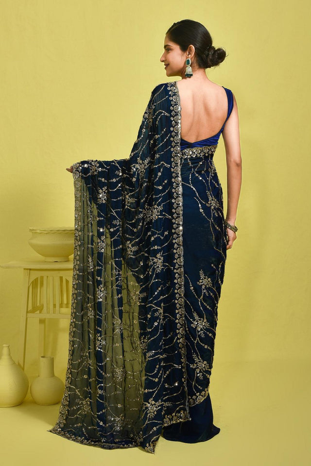 Blue Sequin with Embroidered Satin Saree (RDTBBZ6B3721)