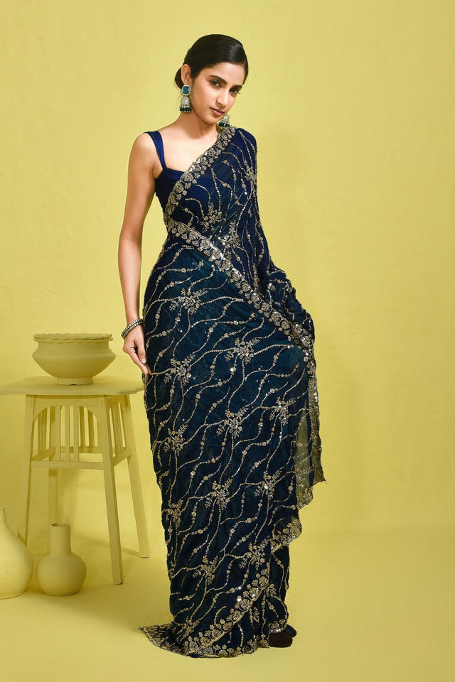 Blue Sequin with Embroidered Satin Saree (RDTBBZ6B3721)