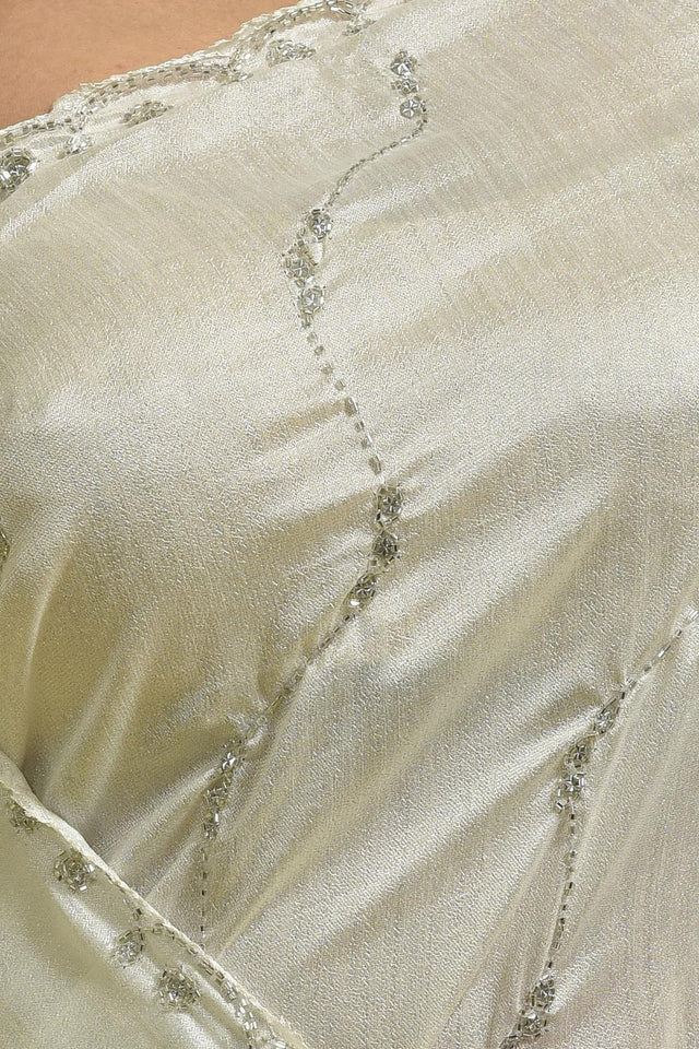 Off-White Beads & Stone Embossed Satin Saree (RDTCCL6B3738)