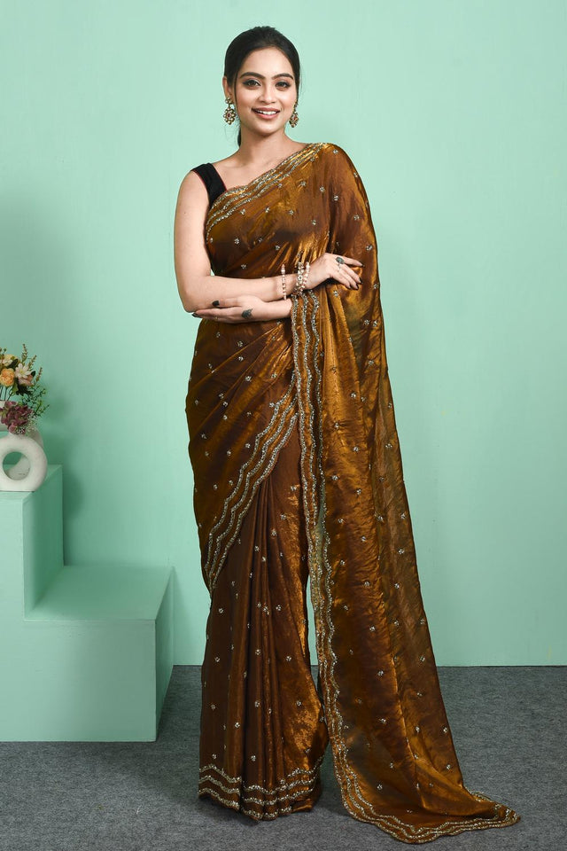 Gold Beads & Stone Embossed Satin Saree (RDTDDV6C3805)
