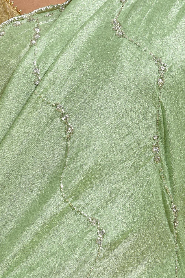 Green Beads & Stone Embossed Satin Saree (RDTGGL6C3792)