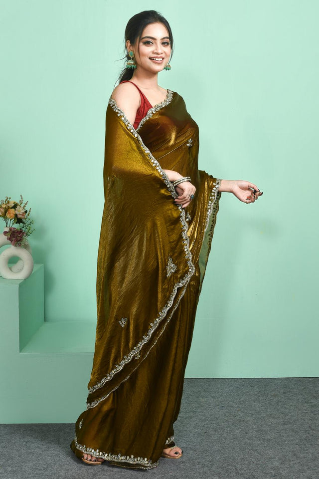 Green Mirror Sequin Satin Saree (RDTGGO6C3841)