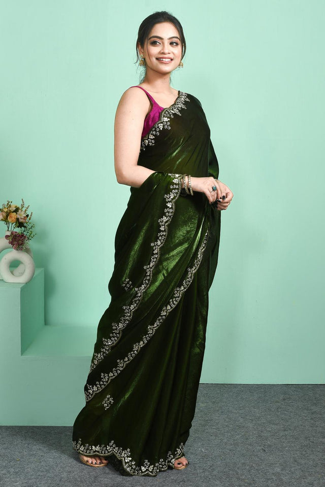 Green Floral Embroidered Satin Saree (RDTGGU6C3808)