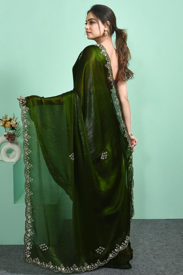 Green Floral Embroidered Satin Saree (RDTGGU6C3808)