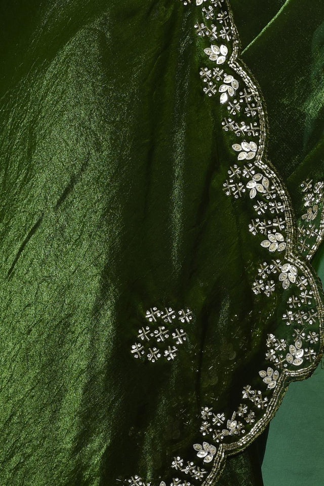 Green Floral Embroidered Satin Saree (RDTGGU6C3808)