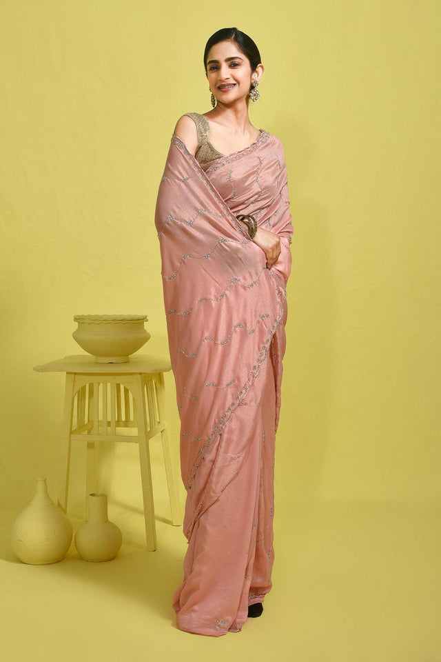 Peach Beads & Stone Embossed Satin Saree (RDTHHL6B3735)