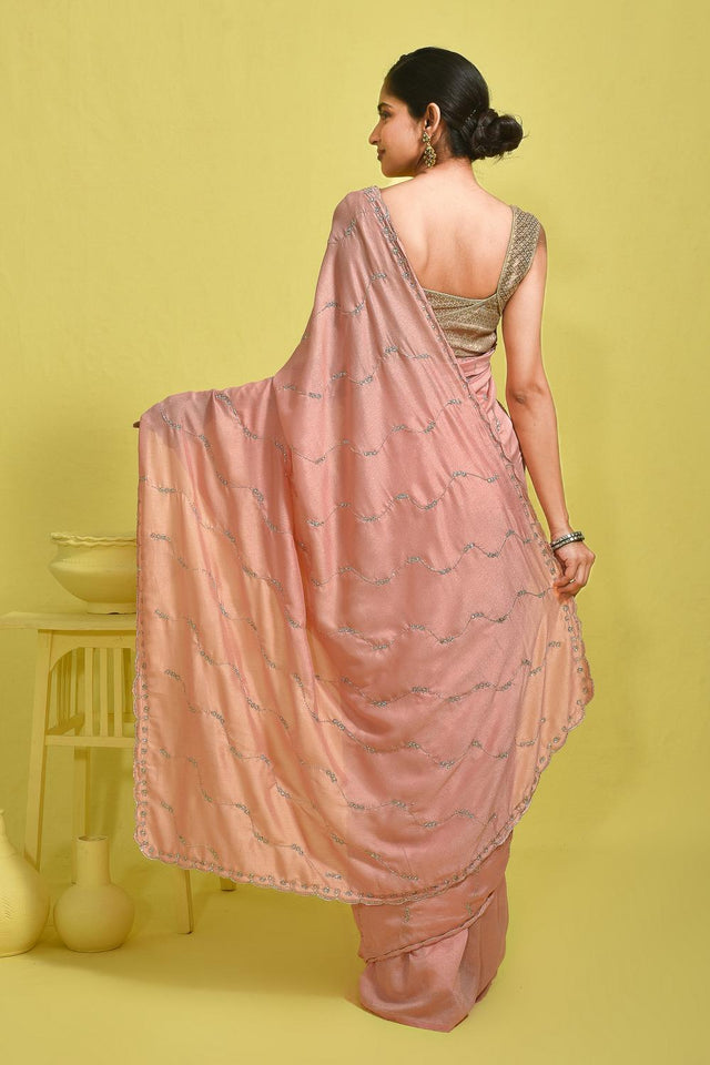 Peach Beads & Stone Embossed Satin Saree (RDTHHL6B3735)