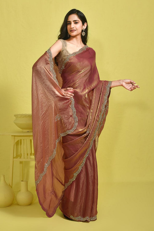 Peach Floral Embroidered Satin Saree (RDTHHT6B3719)