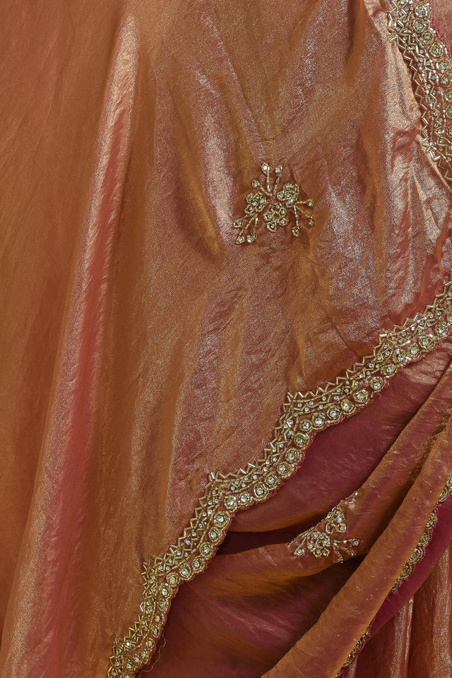 Peach Floral Embroidered Satin Saree (RDTHHT6B3719)