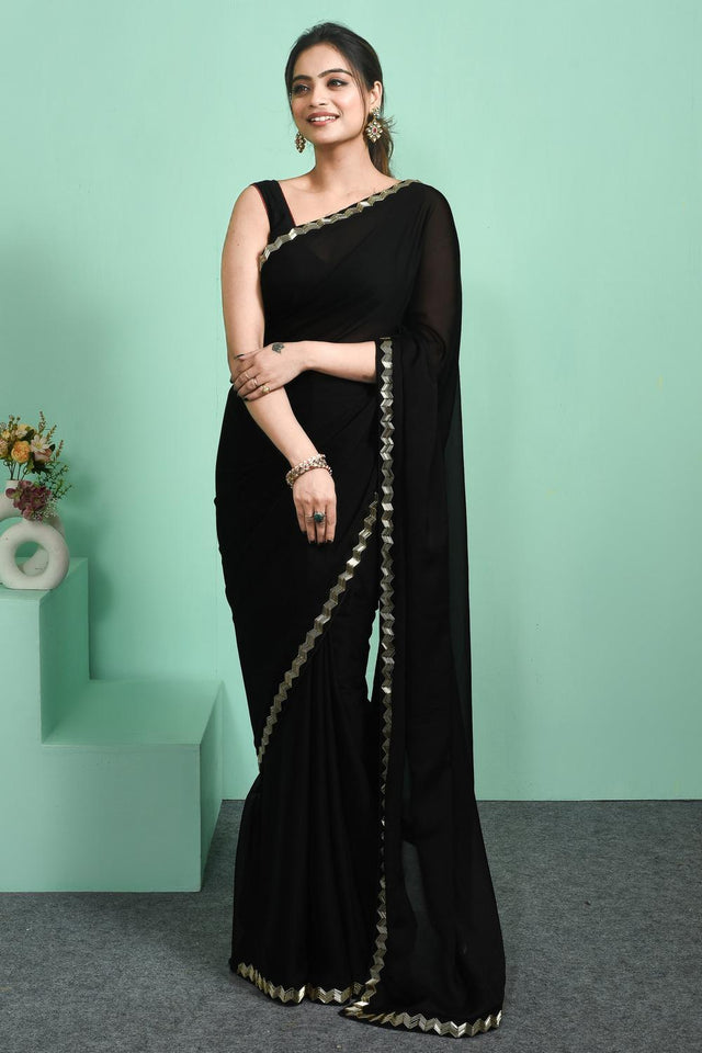 Black Beads & Stone Embossed Satin Saree (RDTLLM6C3763)