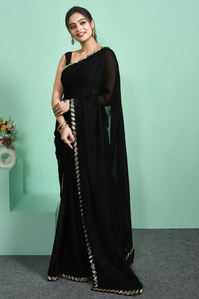 Black Beads & Stone Embossed Satin Saree (RDTLLM6C3763)