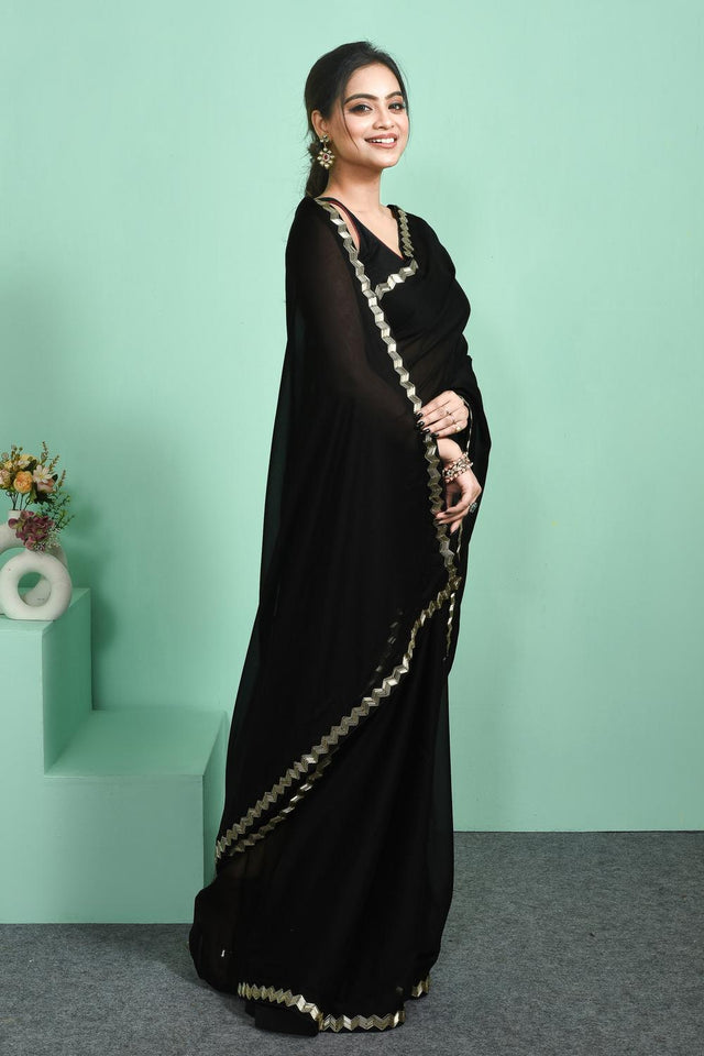 Black Beads & Stone Embossed Satin Saree (RDTLLM6C3763)
