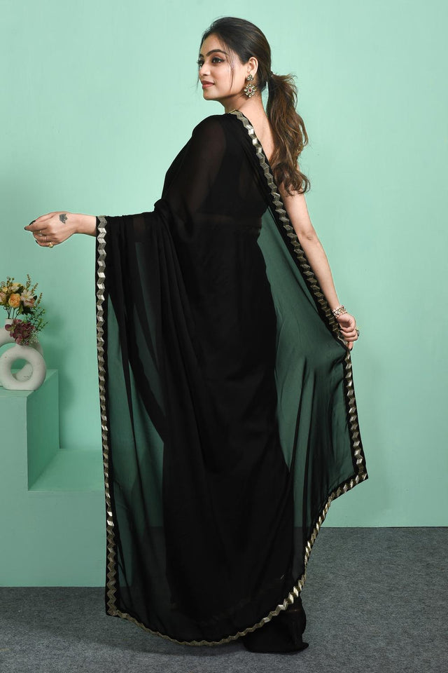 Black Beads & Stone Embossed Satin Saree (RDTLLM6C3763)