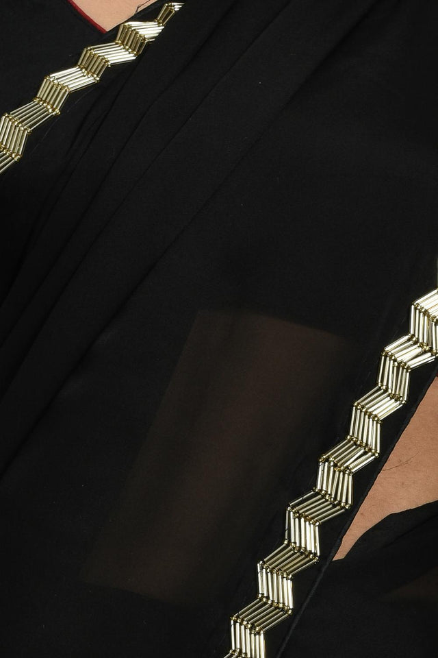 Black Beads & Stone Embossed Satin Saree (RDTLLM6C3763)