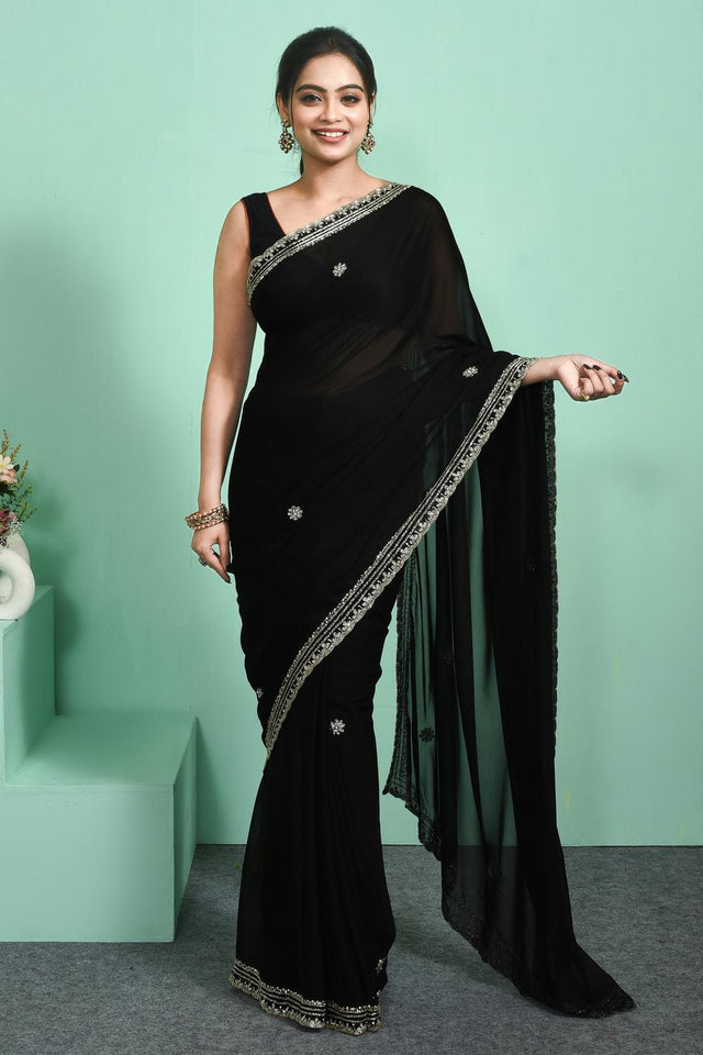 Black Beads & Stone Embossed Satin Saree (RDTLLQ6C3791)