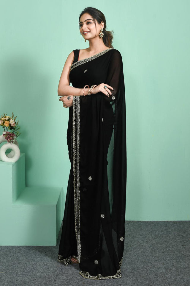 Black Beads & Stone Embossed Satin Saree (RDTLLQ6C3791)