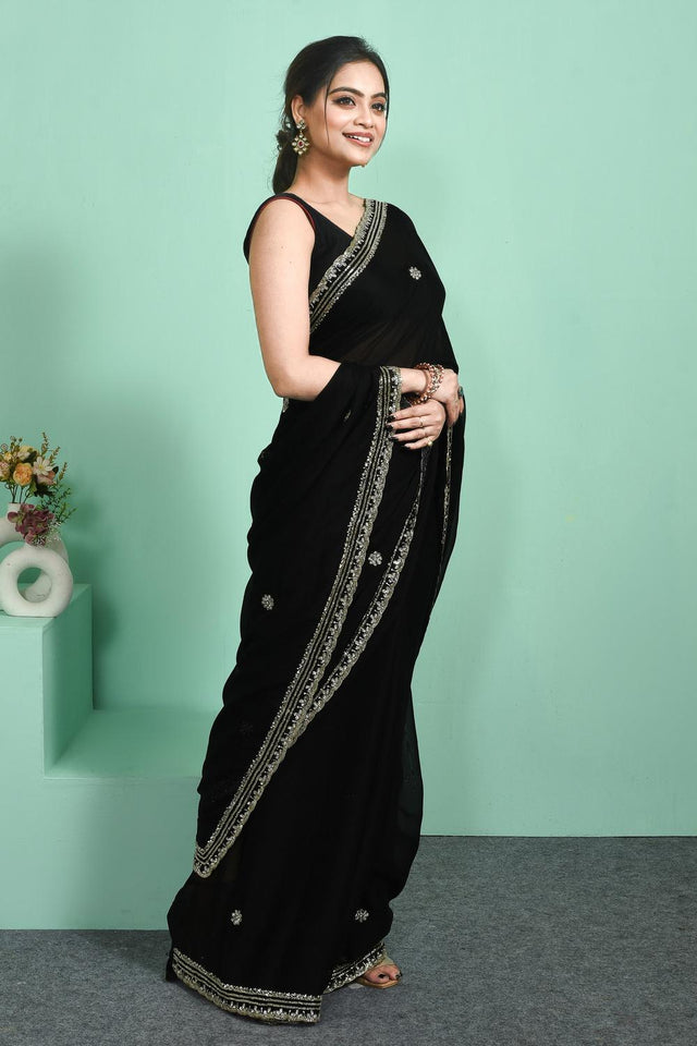 Black Beads & Stone Embossed Satin Saree (RDTLLQ6C3791)
