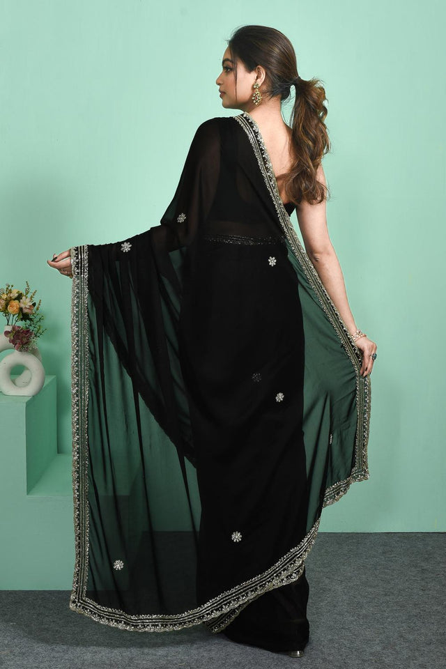 Black Beads & Stone Embossed Satin Saree (RDTLLQ6C3791)