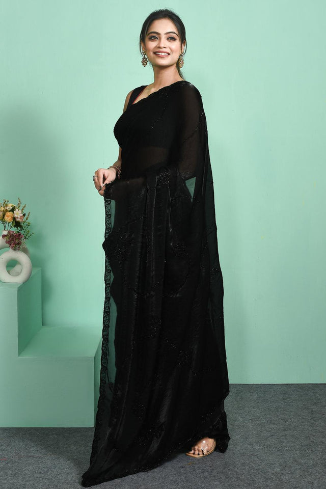 Black Beads & Stone Embossed Satin Saree (RDTLLX6C3809)