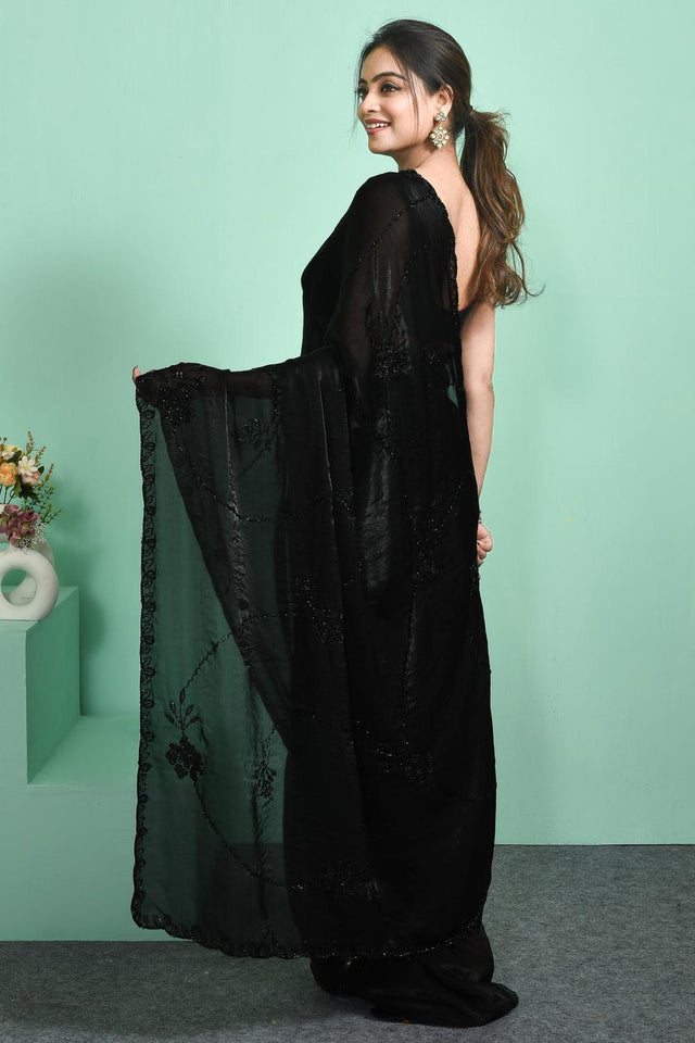 Black Beads & Stone Embossed Satin Saree (RDTLLX6C3809)