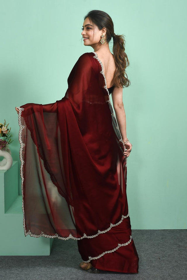 Maroon Beads & Stone Embossed Satin Saree (RDTMMN6C3799)