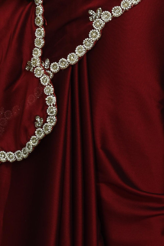 Maroon Beads & Stone Embossed Satin Saree (RDTMMN6C3799)