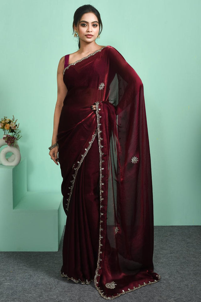 Maroon Beads & Stone Embossed Satin Saree (RDTMMO6C3811)