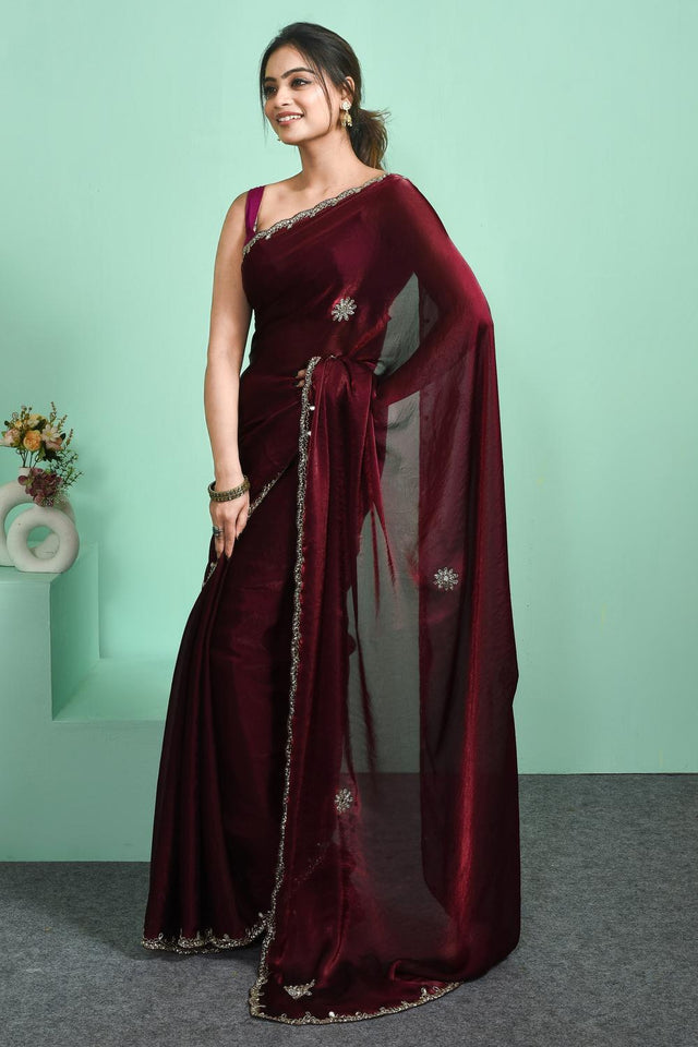Maroon Beads & Stone Embossed Satin Saree (RDTMMO6C3811)
