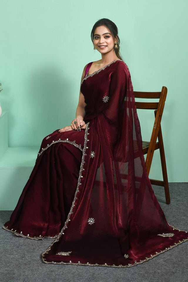 Maroon Beads & Stone Embossed Satin Saree (RDTMMO6C3811)