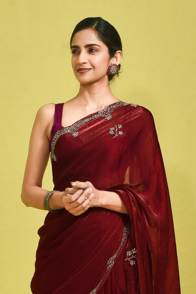 Maroon Floral Embroidered Satin Saree (RDTMMQ6B3713)