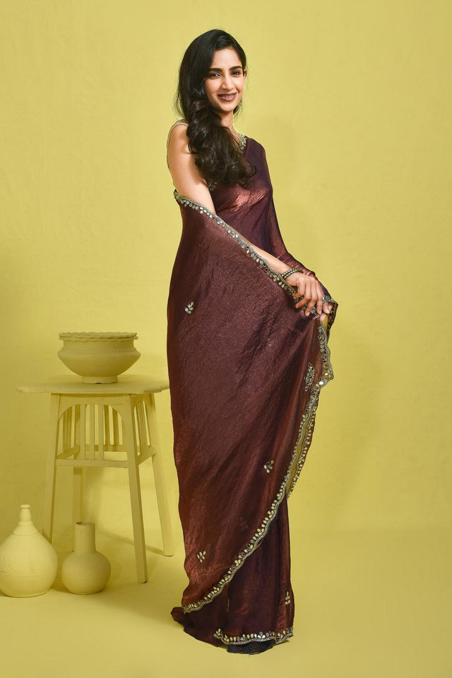 Maroon Mirror Sequin Satin Saree (RDTMMQ6B3734)