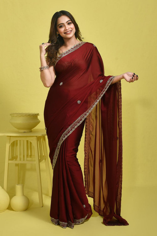 Maroon Beads & Stone Embossed Satin Saree (RDTMMQ6C3769)