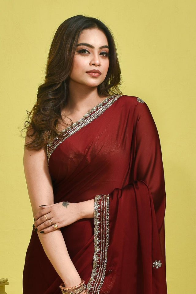 Maroon Beads & Stone Embossed Satin Saree (RDTMMQ6C3769)