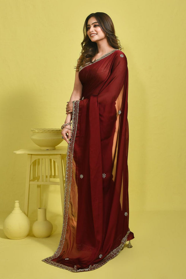 Maroon Beads & Stone Embossed Satin Saree (RDTMMQ6C3769)