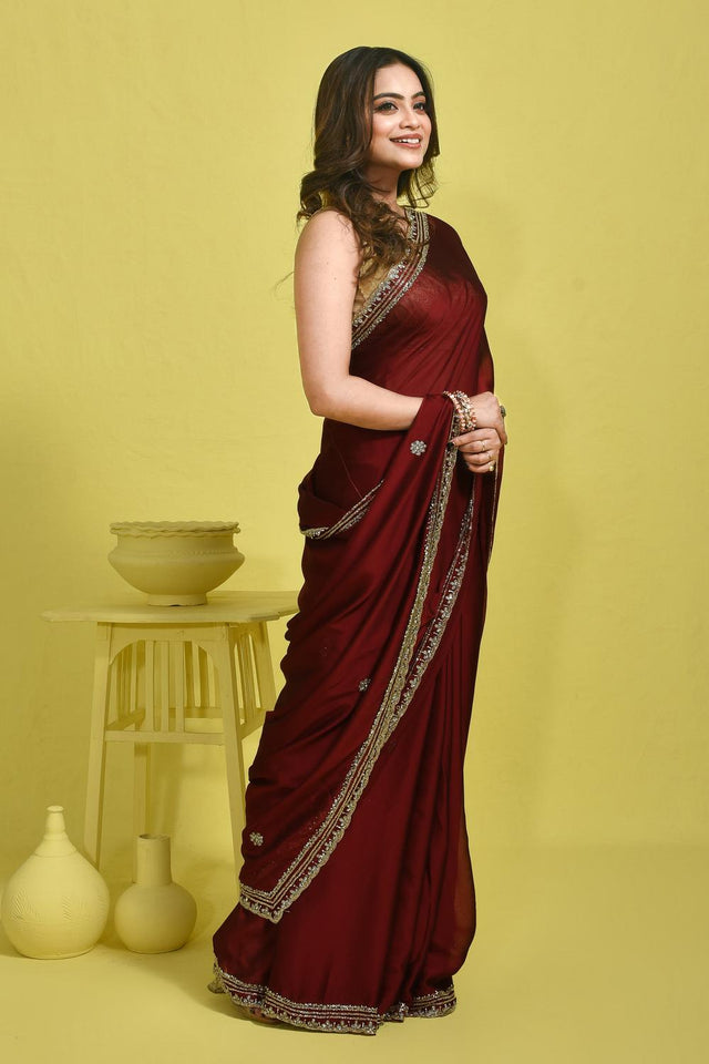 Maroon Beads & Stone Embossed Satin Saree (RDTMMQ6C3769)