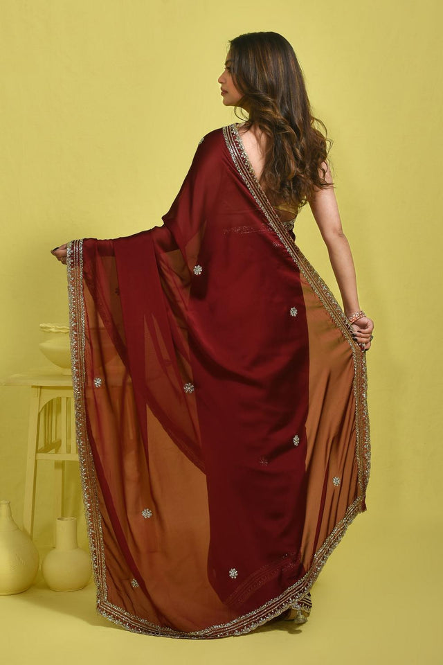 Maroon Beads & Stone Embossed Satin Saree (RDTMMQ6C3769)