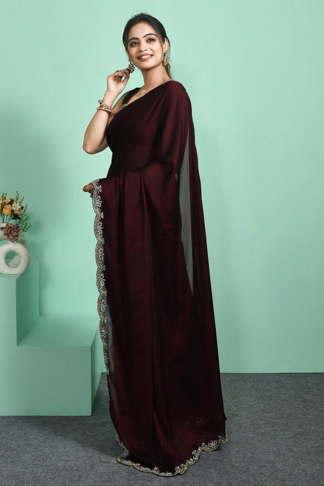 Maroon Beads & Stone Embossed Satin Saree (RDTMMS6C3804)