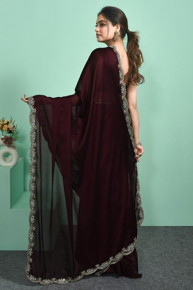 Maroon Beads & Stone Embossed Satin Saree (RDTMMS6C3804)