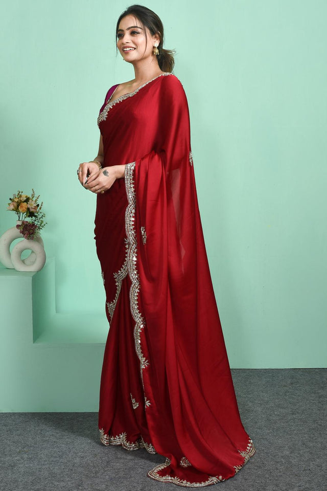 Maroon Beads Embossed Satin Saree (RDTMMY6C3815)