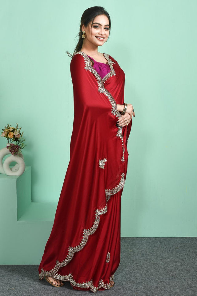 Maroon Beads Embossed Satin Saree (RDTMMY6C3815)