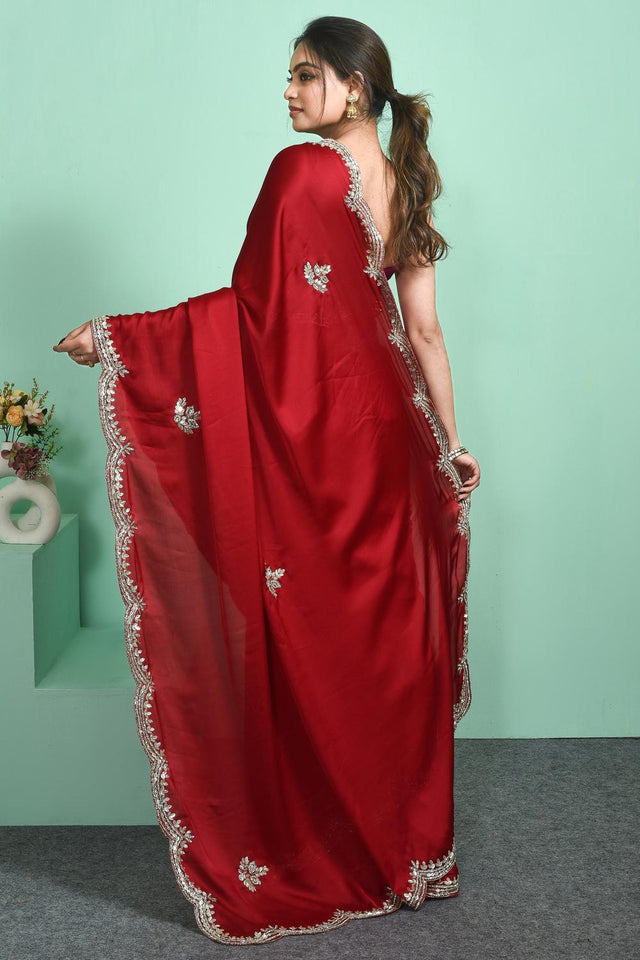 Maroon Beads Embossed Satin Saree (RDTMMY6C3815)