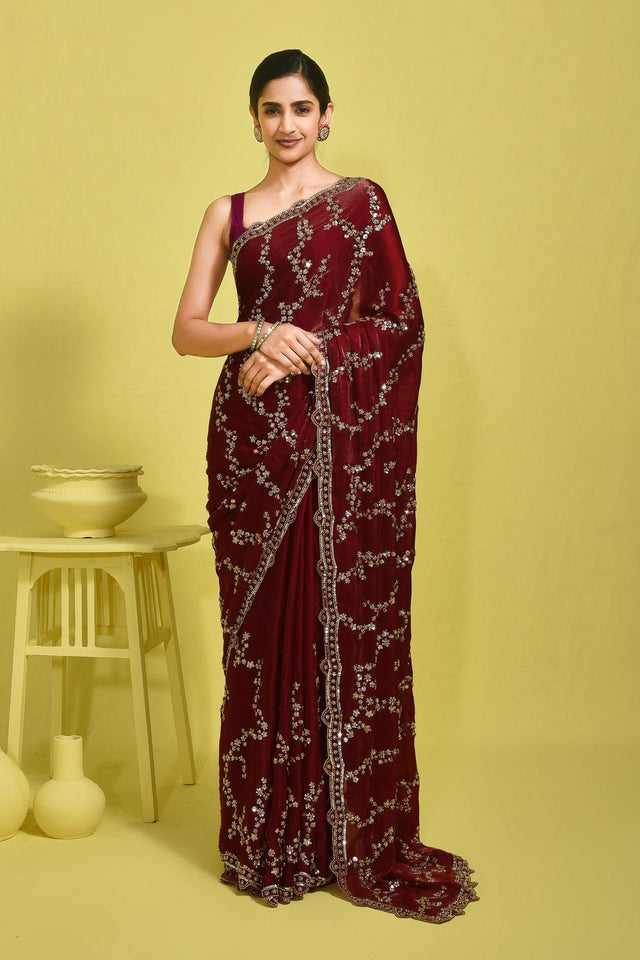 Maroon Sequin with Embroidered Satin Saree (RDTMMZ6B3751)