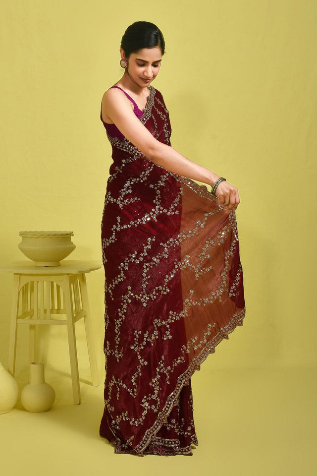 Maroon Sequin with Embroidered Satin Saree (RDTMMZ6B3751)
