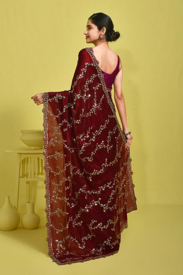 Maroon Sequin with Embroidered Satin Saree (RDTMMZ6B3751)