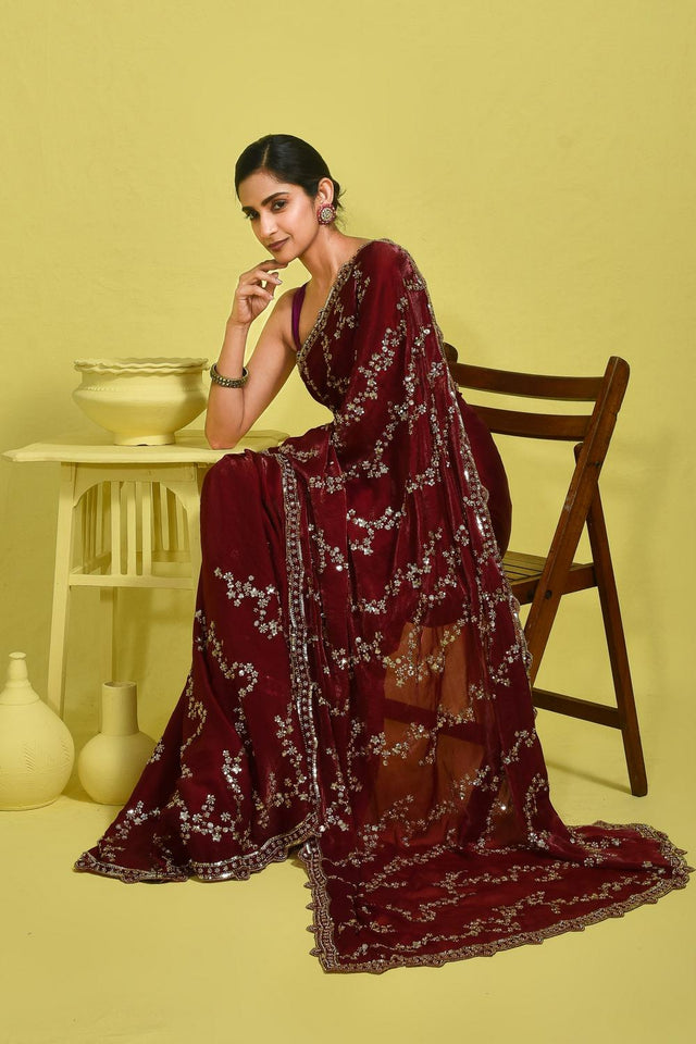 Maroon Sequin with Embroidered Satin Saree (RDTMMZ6B3751)