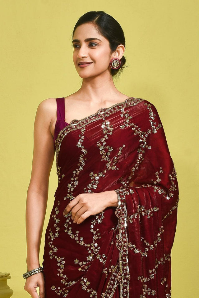 Maroon Sequin with Embroidered Satin Saree (RDTMMZ6B3751)